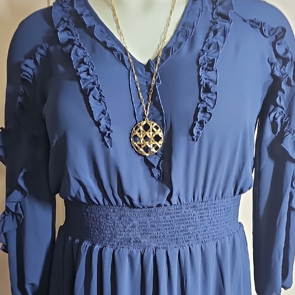 Chico's Blue Ruched Ruffle Sundress V-Neck - Picture 2 of 8